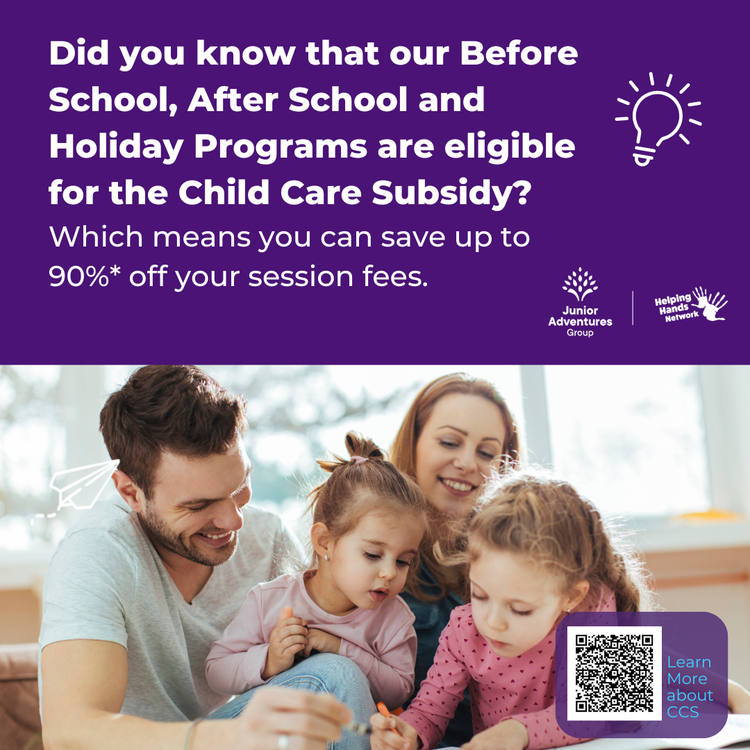 An image of a family with a heading about CCS rebate and a QR code